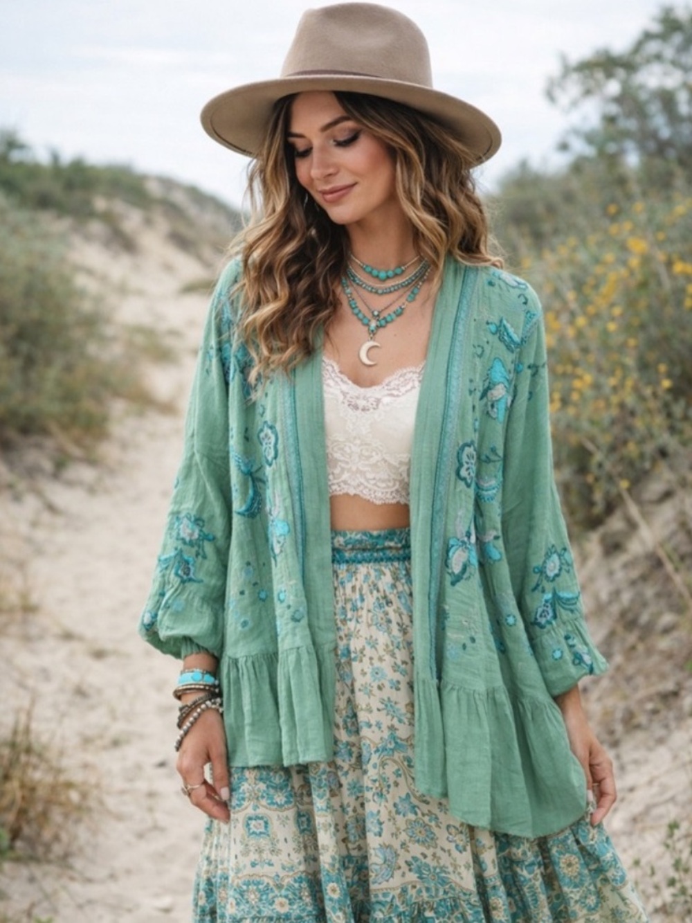 BL^NK ANTHROPOLOGIE Women’s Green Embroidered Floral Open Front Jacket Onesize